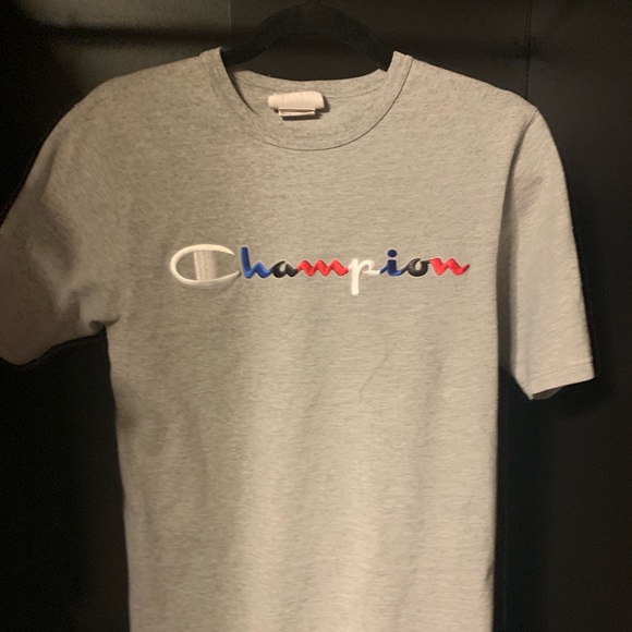 red and blue champion shirt